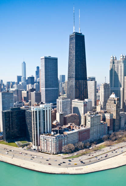 Cloudless Aerial View of Chicago Skyline and Lake Shore Drive stock photo