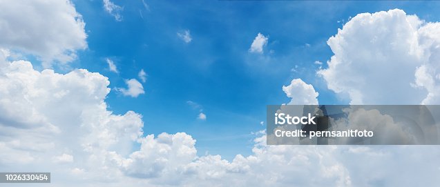 istock clouds and bright blue sky background, panoramic angle view 1026330454