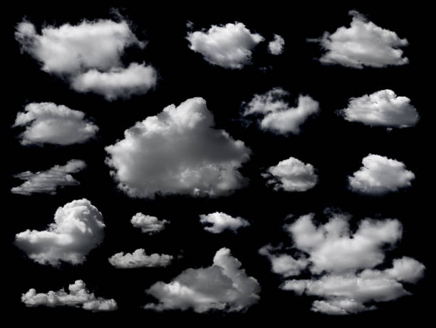 Clouds set isolated on black background. stock photo