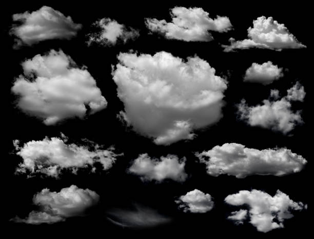 Clouds set isolated on black background. stock photo