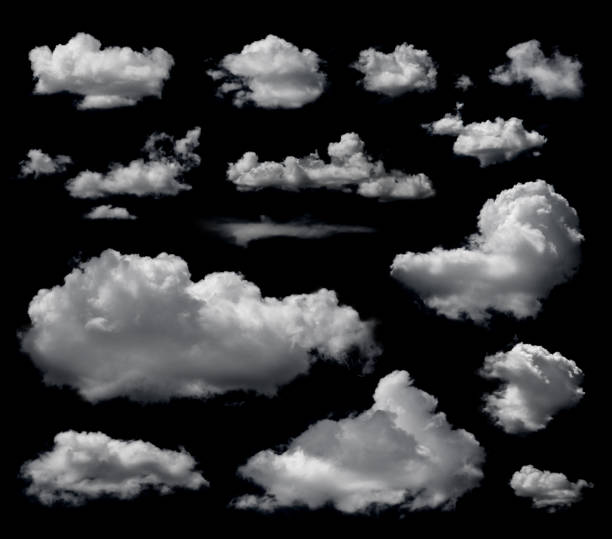 Clouds set isolated on black background. White cloudiness, mist or smog background. stock photo