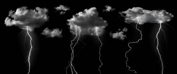 Clouds with lightning isolated on black background. Concept on topic weather, cataclysms (hurricane, Typhoon, tornado, storm). stock photo