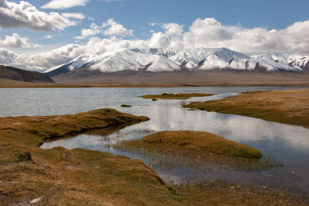 vista nuvolosa su un lago di montagna. colline innevate della mongolia - gobi desert foto e immagini stock