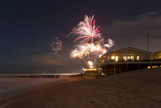 coastal fireworks scenery stock photo