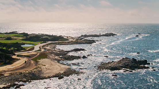 Aerial shot of Pacific Grove, a small city in Monterey County, California. \n\nShot by FAA licensed drone pilot with permit from the City of Pacific Grove.