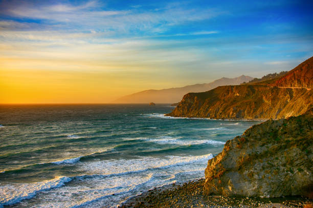 Coastline of Central California at Dusk The beautiful and unique coastline of central California near Big Sur along US 1 at dusk. california stock pictures, royalty-free photos & images