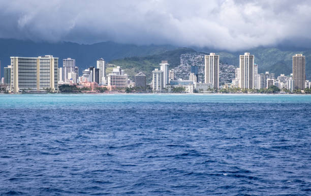 Coastline of Waikiki Viewed from the Water stock photo