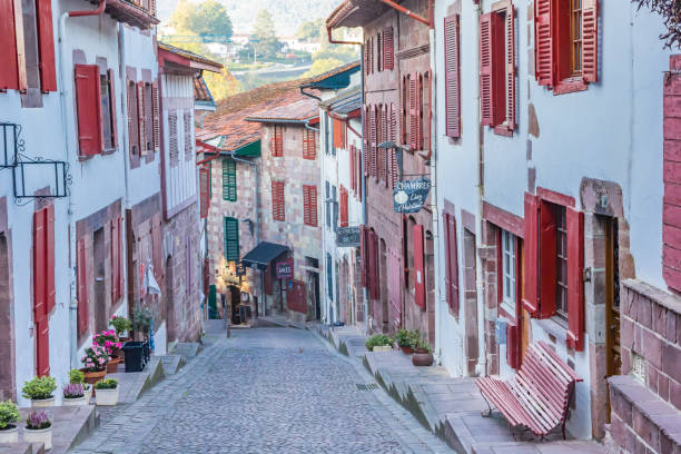 Cobblestoned street in the historic center of mountain village Saint-Jean-Pied-de-Port stock photo