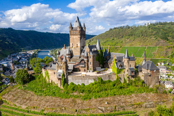 Cochem Imperial Castle, Reichsburg Cochem, reconstructed in the Gothic Revival style protects historic Cochem town on left bank of Moselle river and Cond, Cochem-Zell, Rhineland-Palatinate, Germany stock photo