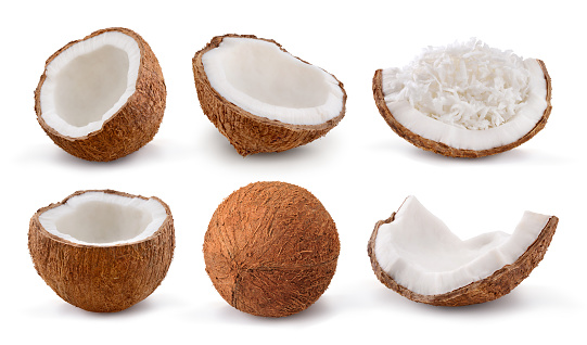 Coconuts isolated on white background. Collection. Set.