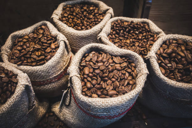 coffee beans in bags. - cafe brasil imagens e fotografias de stock
