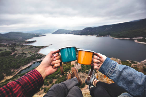 coffee in mugs on the mountain stock photo