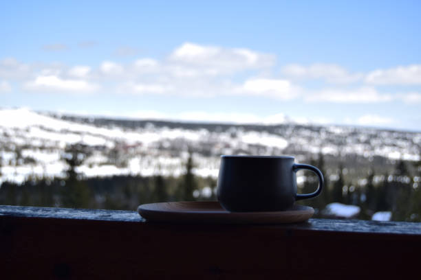 Coffee outside with mountain view in Norway stock photo