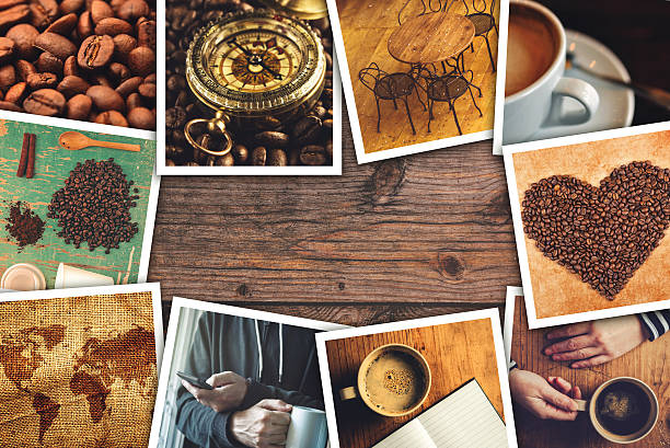 Coffee photo collage Coffee photo collage, stack of coffee drink themed polaroid pictures on wooden cafe table as copy space. spices of the world stock pictures, royalty-free photos & images