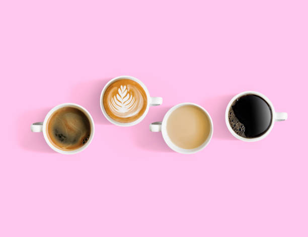 Coffee types Overlooking coffee cups with different types of coffee hot drink photos stock pictures, royalty-free photos & images