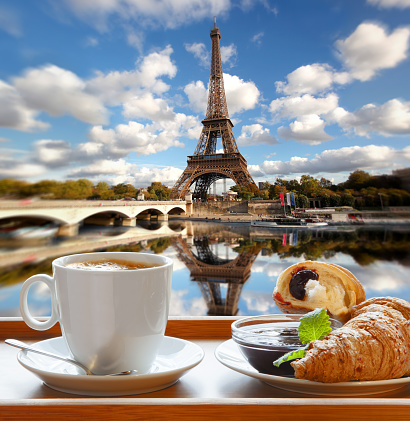 Coffee With Croissants Against Eiffel Tower In Paris France Stock Photo