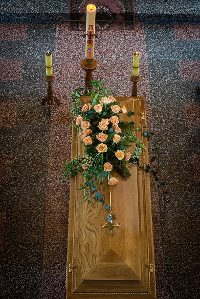 Coffin in church stock photo