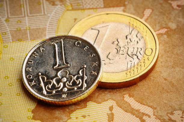 Coins - Detail of Czech and European currency stock photo