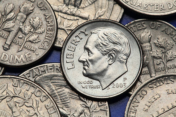 Coins of USA. US dime. Franklin D. Roosevelt Coins of USA. Franklin D. Roosevelt depicted on the US dime coin. dime stock pictures, royalty-free photos & images