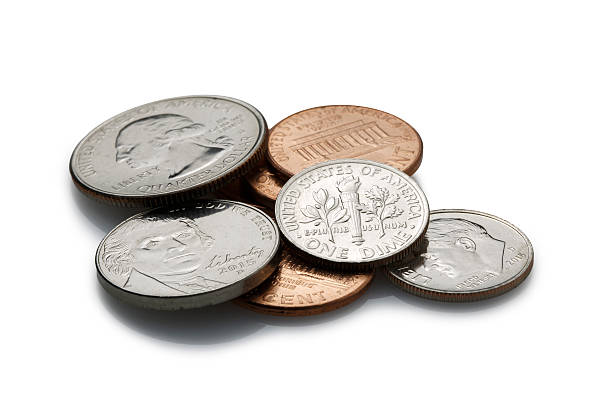 coins on White Background pile of change close-up (with Clipping Path) dime stock pictures, royalty-free photos & images
