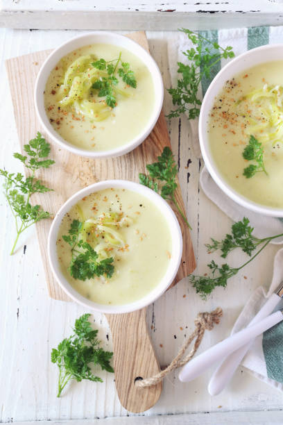 Cold summer zucchini cream soup stock photo