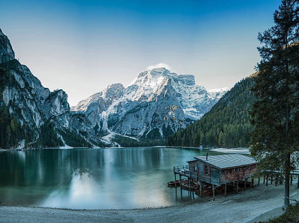 Cold Winter Morning at UNESCO World Heritage Lake Braies stock photo