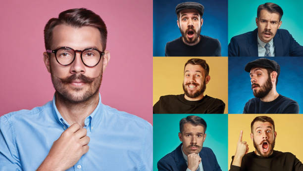 Collage from images of a young man expressing different emotions Collage about young man expressing different emotions at studio same person different outfits stock pictures, royalty-free photos & images