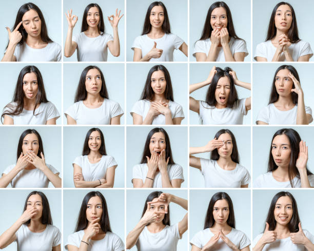 Collage of beautiful girl with different facial expressions isolated Collage of beautiful girl with different facial expressions isolated gesturing stock pictures, royalty-free photos & images