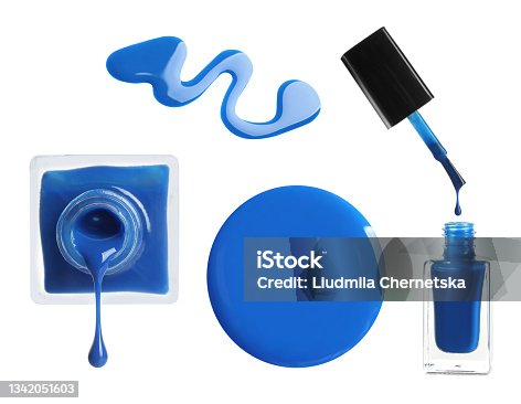 istock Collage of blue nail polish on white background 1342051603