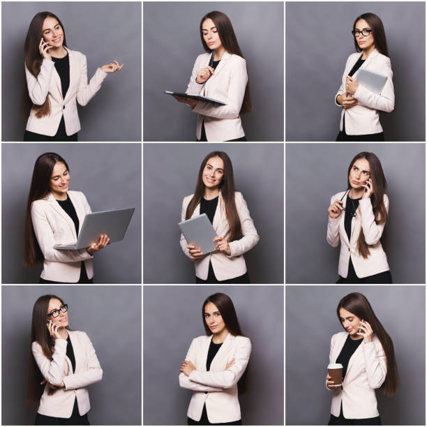 Collage of business woman emotions Set of different emotions of business woman in formal suit. Young female employee using gadgets and grimacing on camera. Happy, smiling, playful and serious portraits same person different outfits stock pictures, royalty-free photos & images