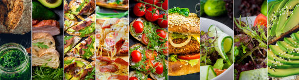 Collage of delicious food and fastfood close-up stock photo