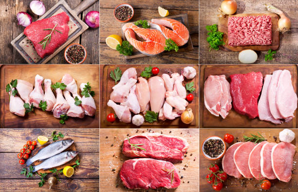 collage van vers vlees, kip en vis - kip vlees stockfoto's en -beelden