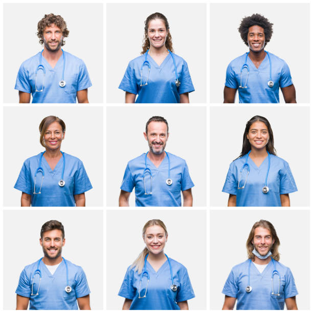 collage de grupo de médicos profesionales enfermera personas sobre fondo aislado con una sonrisa feliz y fresco en la cara. una persona afortunada. - nurse face fotografías e imágenes de stock