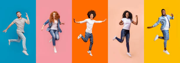 Collage of jumping multinational people on color background, panorama Collage of happy jumping multinational people on color background, panorama same person different outfits stock pictures, royalty-free photos & images