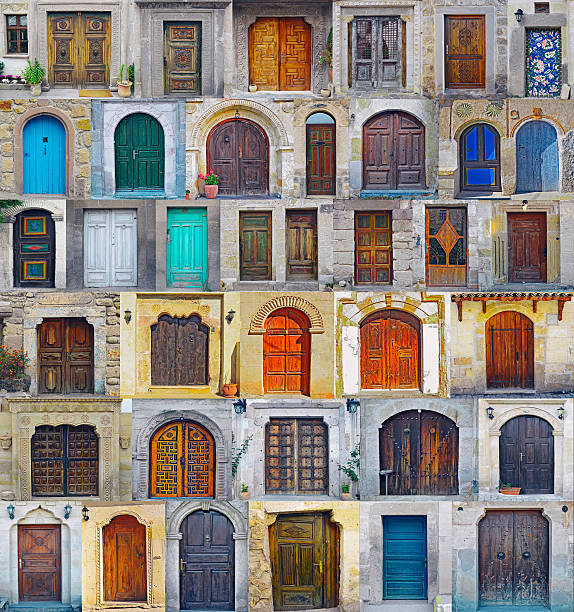 Collage of Nevhesir front doors,Cappadocia stock photo