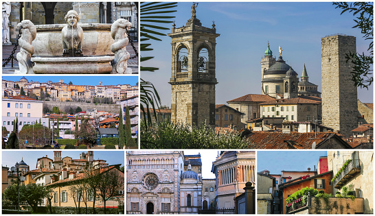 A collage of photos of the sights of Bergamo Italy