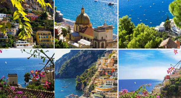 Collage of Positano. Italy. Panoramic view of the city and sea on the summer day. stock photo