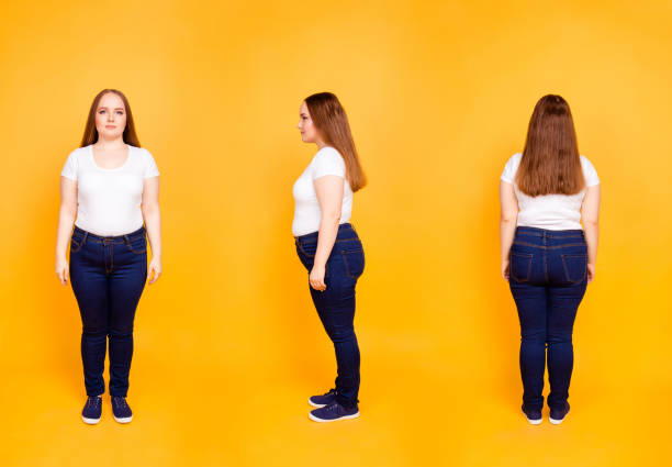 Collage of three full length portraits from all side of confident, stylish, plump woman in casual outfit, wearing t-shirt, jeans, sneakers, standing over yellow background  voluptuous women images stock pictures, royalty-free photos & images
