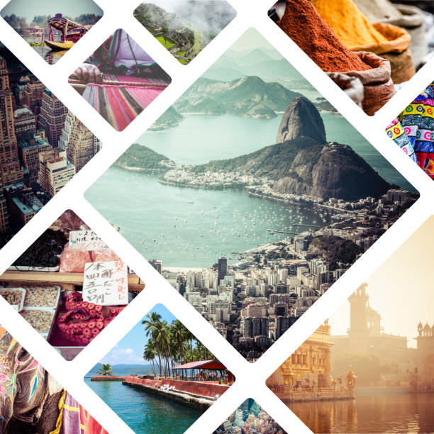 Collage of travell images - travel background  image montage stock pictures, royalty-free photos & images