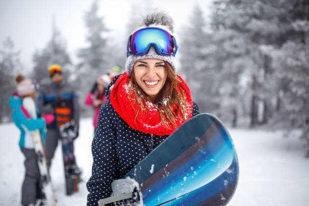 collage of winter holiday at ski resort - snowboard imagens e fotografias de stock