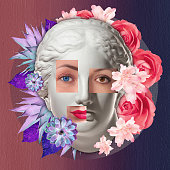 istock Collage with plaster antique sculpture of human face in a pop art style. Creative concept colorful neon image with ancient statue head. Zine culture. Cyberpunk, webpunk and surreal style poster. 1264679395