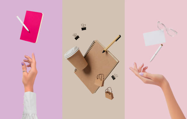 Collage with stationery office supplies levitation. Back to school concept stock photo