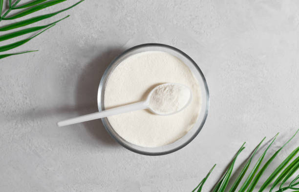 Collagen in a bowl on a gray background with palm leaves closeup. Collagen protein powder. Top view, flat lay. stock photo