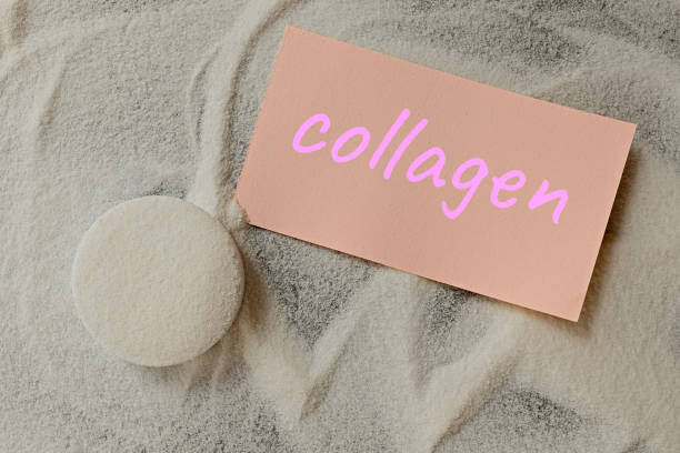 collagen powder dietary supplement top view. youthfulness and healthcare concept stock photo