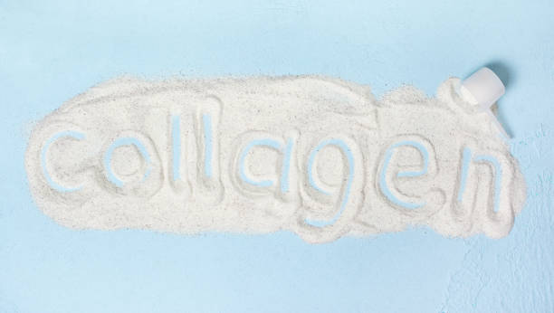collagen powder blue background with collagen powder close up collagen stock pictures, royalty-free photos & images
