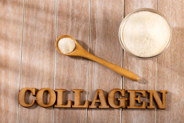 Collagen protein powder - Hydrolyzed. Strengthening and improving the health of cartilage and tendons. Collagen protein powder - Hydrolyzed. Text space collagen stock pictures, royalty-free photos & images