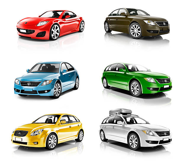 Collection of 3D Colourful Cars Isolated Collection of 3D Colourful Cars Isolated hatchback stock pictures, royalty-free photos & images