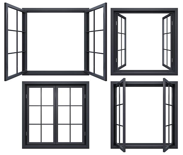 Collection of black window frames isolated on white 3D render of black isolated window open, closed frames window frame stock pictures, royalty-free photos & images
