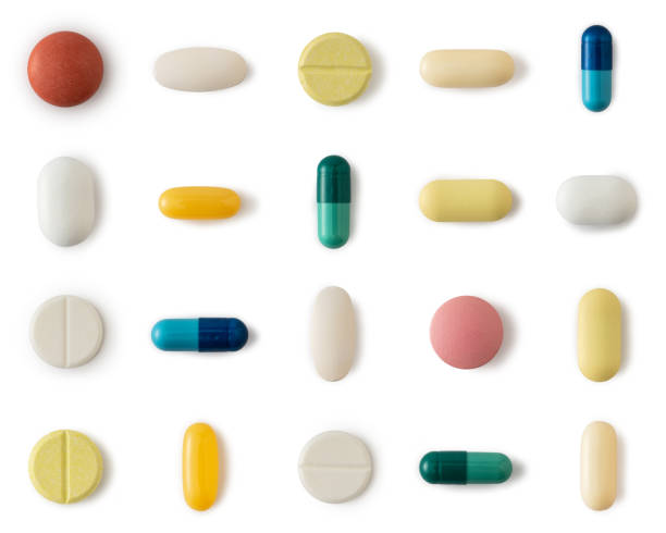 Collection of colorful pills , isolated on white background stock photo