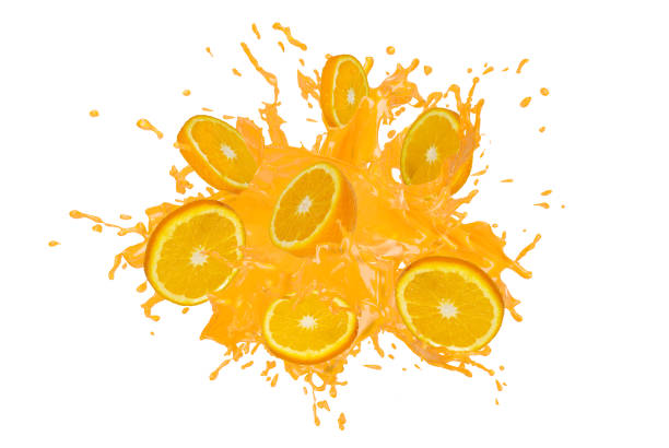 Collection of fresh Orange with splashing juice on white background. Selective focus stock photo